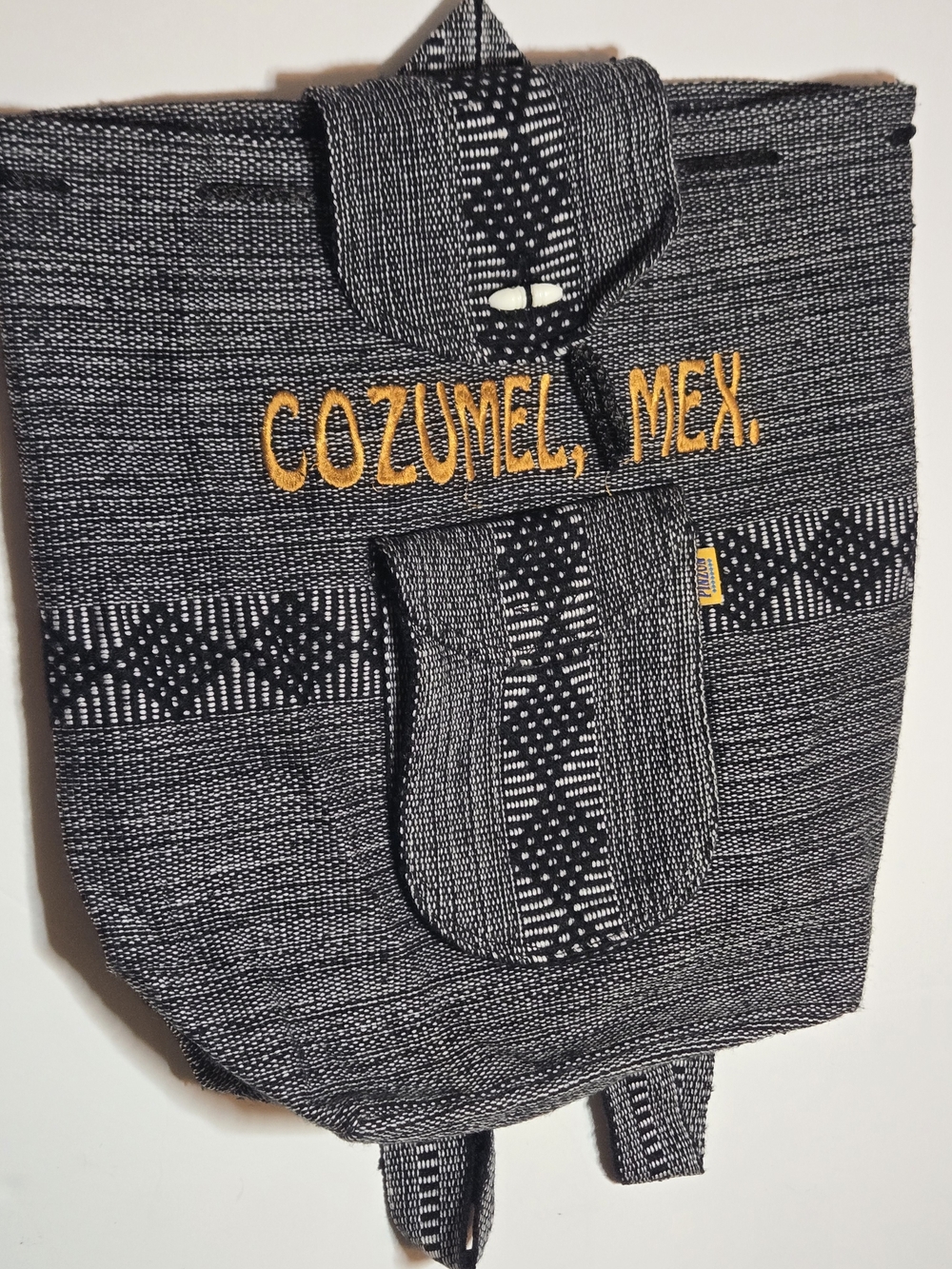 Black Woven Backpack with Yellow 'Cozumel, Mex.' Embroidery